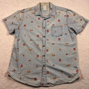 Disney Lion King Mens Short Sleeve Button Up Shirt Simba Pumbaa Timon Denim Sz M